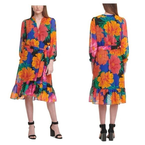Calvin Klein Long Sleeve Dress w/Ruffle Hem - Picture 1 of 15